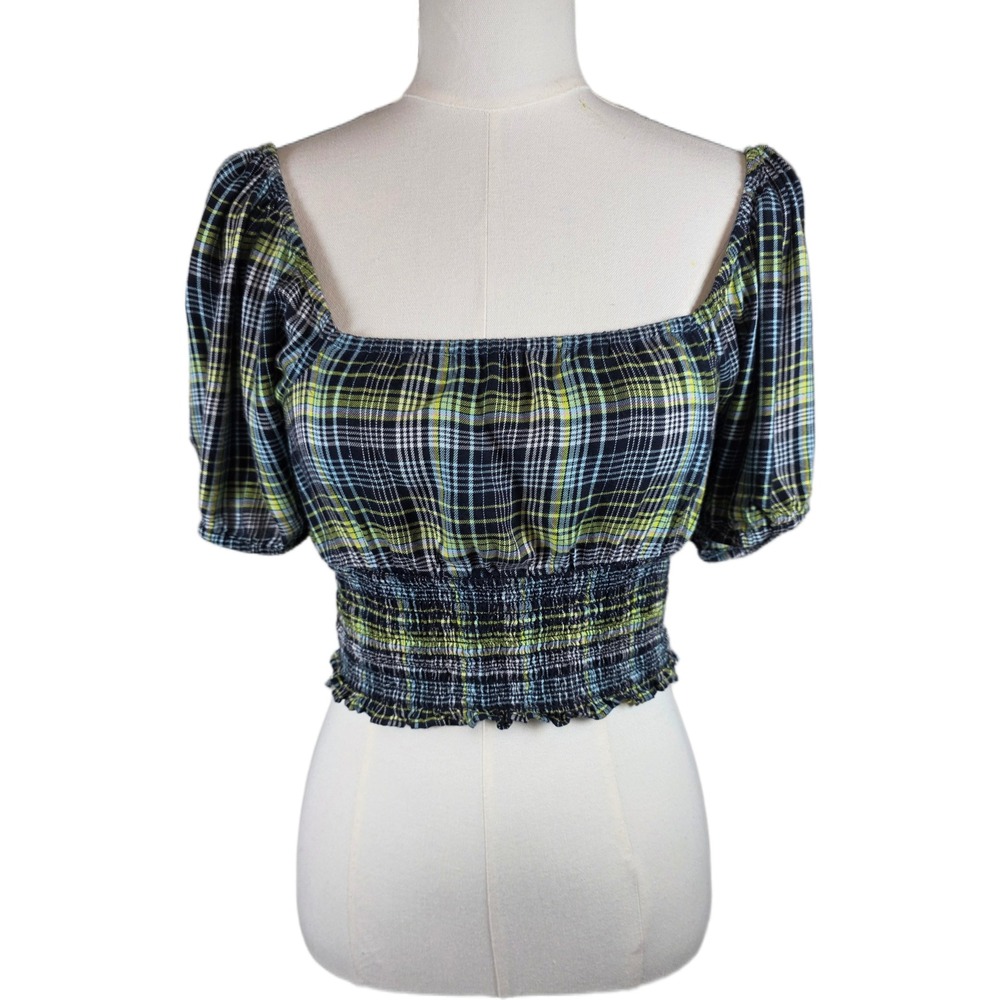 BP. Blue & Green Plaid Smocked Waist Crop Top w/Puff‎ Sleeve Farmcore